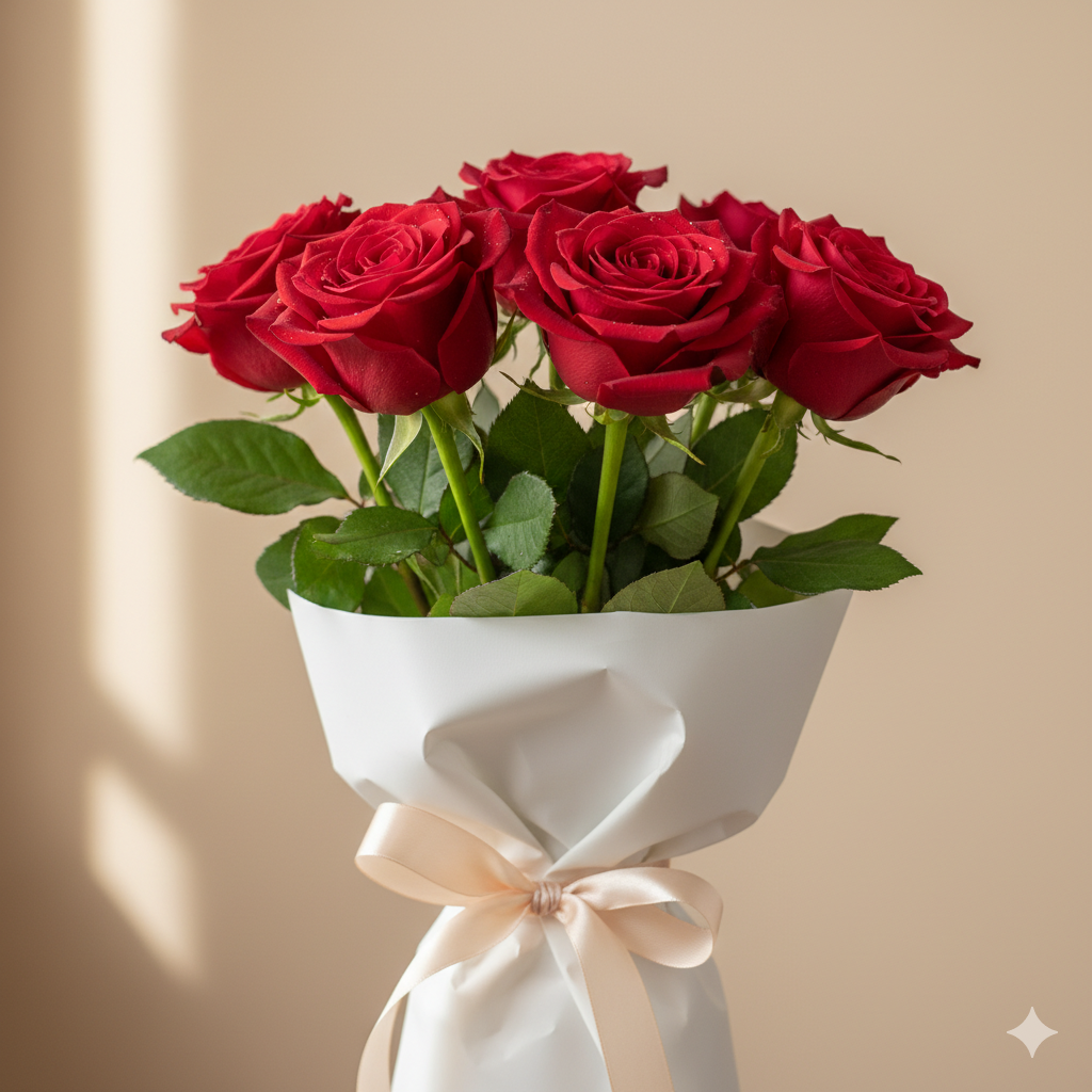 Six red roses bouquet wrapped with ribbon on a neutral background