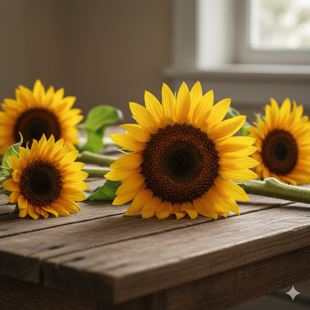 Sunflowers on a wooden surface with a blurred background
