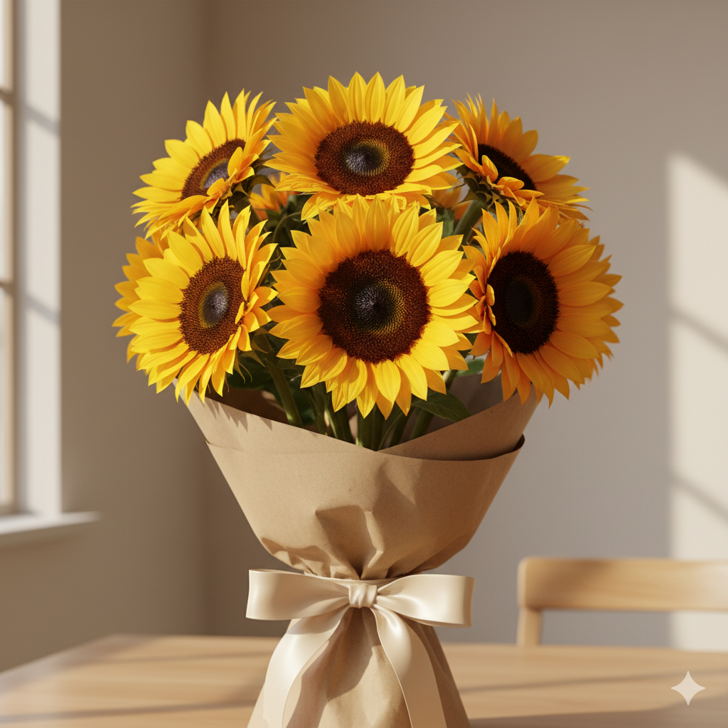 Eight sunflowers tied together on a soft neutral background