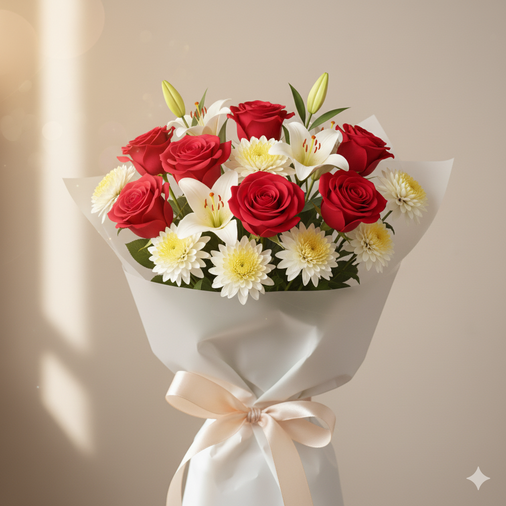 Mixed bouquet of red roses white lilies and yellow chrysanthemums with ribbon