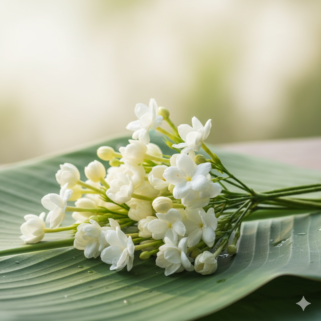 loose jasmine flowers on a green leaf with a blurred background