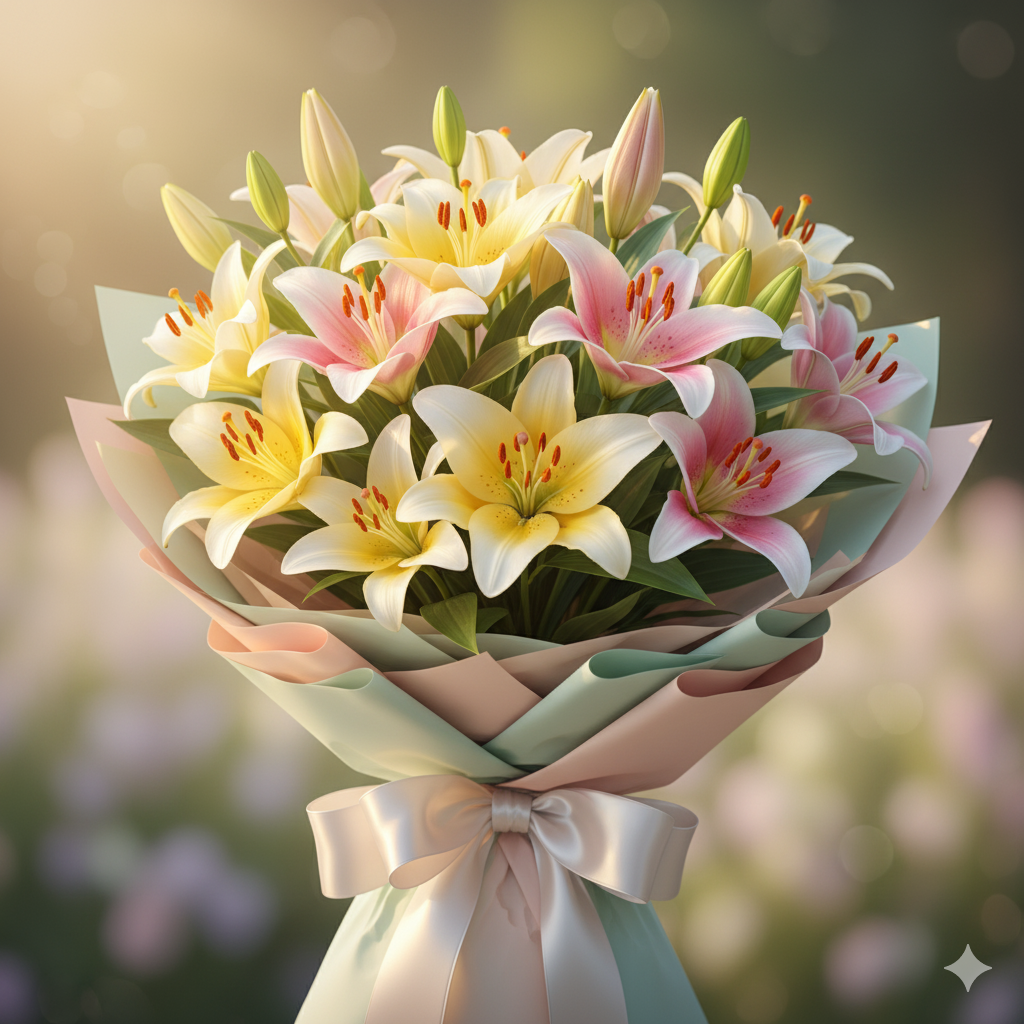Bouquet of white yellow and pink lilies tied with a pastel ribbon