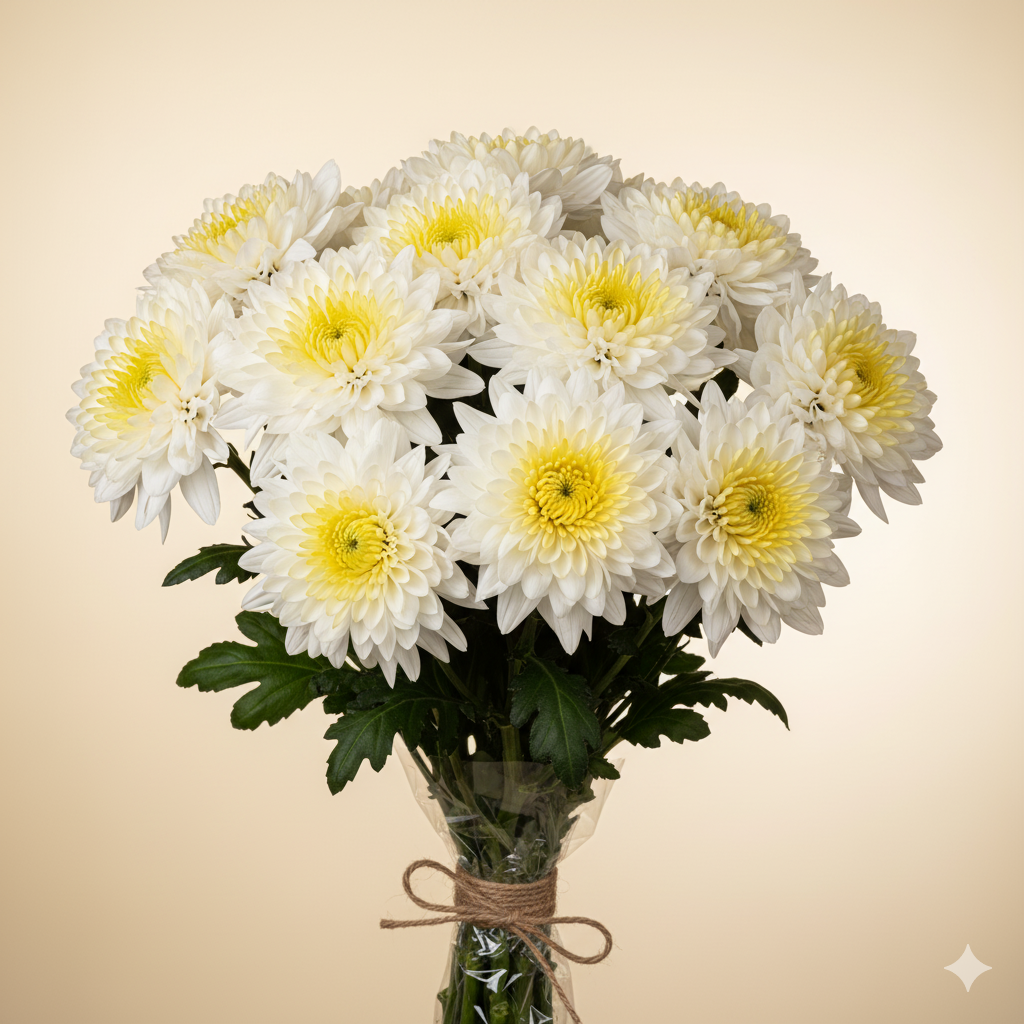 White chrysanthemum bouquet with clean wrapping
