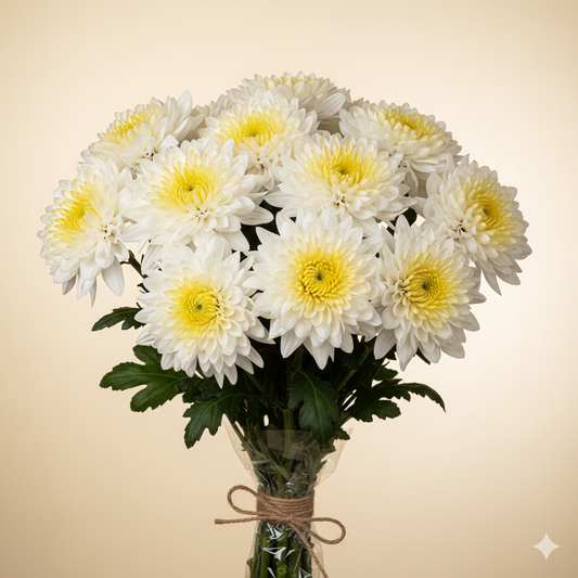 White chrysanthemum bouquet with clean wrapping